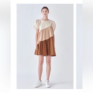 English Factory Asymmetrical Color Block Puff Sleeve Dress